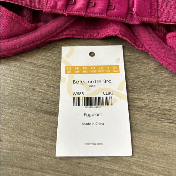 NWOT Delimira Balconette Bra Eggplant Lace Not Padded W/ Underwire Size 38F W685 - Picture 8 of 10
